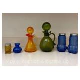 Group of Colored Glass Cruets, Shakers, and Bud Vase, 2.5"-8" Tall