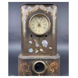 Antique Iron Front Mantle Clock with Mother of Pear Inlay, 16"x10.5"