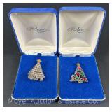 2 Jezlaine Christmas Tree Pins or Brooches, Both Sterling Silver & Appear New