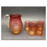 6 Piece Amberina Glass Drinkware Set, 5 Glasses with Pitcher