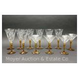 12 Vintage Tiffin Amber and Clear Etched Water Goblets and Cocktail Glasses