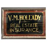 Antique "V.M. Hollady Real Estate Insurance" Sign, Reverse Painted on Glass, See Photos for Loss