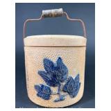 Antique Stoneware Butter Crock, with Lid, Cobalt Leaf Decoration