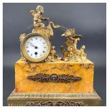 Antique French Mantle Clock, Unique Bronze Figural Cherub with Marble Base, 11.75" Wide x 13" Tall