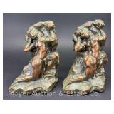 Antique J.A Meliodon Muscle Man Bookends, Bronze Clad Finish, Dated 1915, 8" Tall