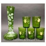 Hand Painted Green Glass Vase with 5 Juice Cups, 11" and 4" Tall