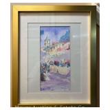 Watercolor Painting of Street Scene, Artist Signed, Framed, 15"x12"