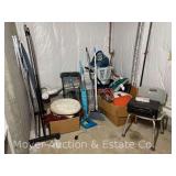 Group of Racks, Plastic Totes, Vacuum, Linens, Etc.