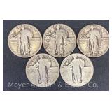 5 Standing Liberty Silver Quarters