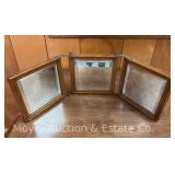 Antique Oak Framed Tri-Fold Mirror, 13"w x 7"h