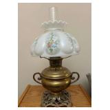 B & H Brass Table Lamp with White Glass Shade & Chimney, Antique, Electrified, Works, Overall 20" Tall