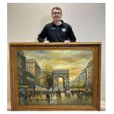 Large Painting on Canvas Depicting Paris Street Scene, Framed, 45"x56.5" Overall