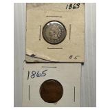 1863, 1865 Indian Pennies Better Dates x2