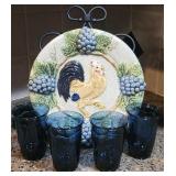 ACI Rooster Grapevine Plate & 4pc Smoke Blue Cups