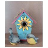 Sunflower Birdhouse & 2 Tit Bird Figurines