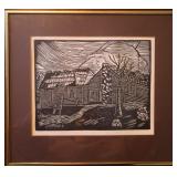 Framed Ted Allen Leaky Roof Woodblock Print