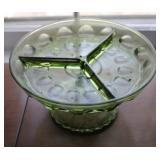 Vtg Pedestal Indiana Avocado Green Divided Dish