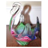 Hand Blown Art Glass Swan Candy Dish