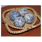 Vintage Blue/ White Ceramic Balls in Basket