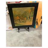 Vintage Wooden Table with Hunt Scene