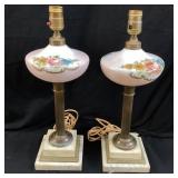 2 VINTAGE HAND PAINTED MARBLE BASE TABLE LAMPS
