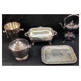 ASSORTED SILVER PLATE PLATTERS, ICE BUCKETS,