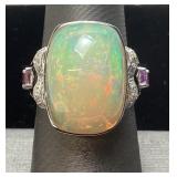 PLATINUM OPAL, SAPPHIRE, & DIAMOND RING, SIZE 7,