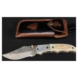 DAMASCUS STEEL BLADE POCKETKNIFE w LEATHER CASE