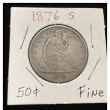 1876-S SEATED LIBERTY 50c HALF DOLLAR, est. FINE