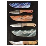 (3) DAMASCUS BLADE POCKET KNIVES w LEATHER SHEATHS