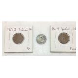 (3) 1872, 1873 & 1874 INDIAN HEAD PENNIES, est.