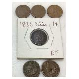 (6) 1886 INDIAN HEAD PENNIES, est. EF & G