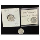 (3) 1945 SILVER MERCURY DIMES, est. MS63