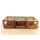 (3) Oak and Glass Top End Tables