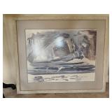 Framed Blue Gray Artwork 33x38"