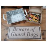 Metal Beware of Dog Sign, Basket & Pencils