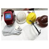 welding helmet and gloves, hardhats