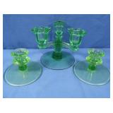 3 Vintage Green Glass Candlestick Holders