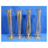 4 Vintage Gold Etched Glass Bud Vases