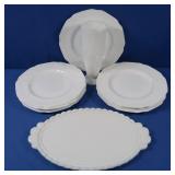 Milk Glass Dinner Plates, Vase, Platter