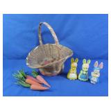 Vintage Easter Basket, 3 Plastic Bunny Rattles