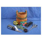 Wooden Pail, Fiskars Scissors, Tape Measure &