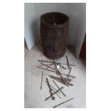 Wooden Barrel w/Tools-Augers, Hatchet & more