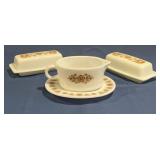 Pyrex Butterfly Gold gravy boat with plate and 2