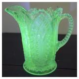 2 Pattern Glow Glass Pitchers - Two Small Dings On