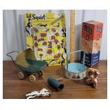 Box vintage toys - working windup dog, tin buggy,