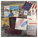 Mix lot of ephemera- stamps, small flag, Popular