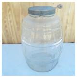 Glass County Store barrel pickle jar. Metal