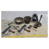 Cast iron pots, drywall knives, lantern