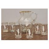 Mary Gregory water pitcher w/6 glasses - boys and